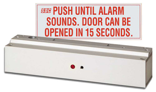 SDC 1581SNDVD ExitCheck Mini Delayed Egress EMLock 12/24 VDC 650 lbs Holding Force IBC IFC NFPA 101 NFPA 1-UFC UBCSBC Compliant Door Position Sensor Satin Aluminum Clear Anodized 1581SNDVD