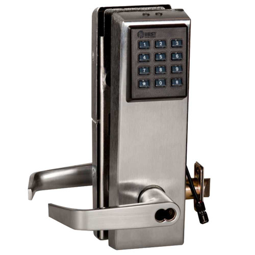 BEST 9KZ37DV15KPSTK626 9KZ Keypad EZ Cylindrical Lock 2-3/4 Backset 7-Pin Housing; Accepts all BEST Cores DV with Key Function Contour Angle Return Keypad Trim Standard Strike Satin Chrome 9KZ37DV15KPSTK626