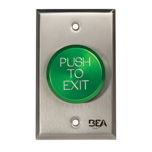 BEA 10ACPBDA10 Pneumatic Push Button Single gang plate oversized 2 Green button Push to Exit text 25 AMP 12 to 24 V AC/DC