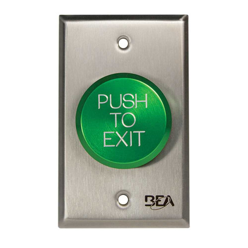 BEA 10ACPBDA10 Pneumatic Push Button Single gang plate oversized 2 Green button Push to Exit text 25 AMP 12 to 24 V AC/DC 10ACPBDA10