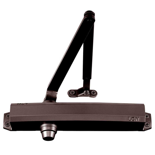 LCN 1450-Hw/PA 695 Grade 1 Cast Aluminum Surface Mount Closer Size 1-6 Adjustable Friction Hold Open Double Lever Arm with Parallel Bracket Non-Handed Slim Plastic Cover Dark Bronze Painted Finish 1450-Hw/PA 695