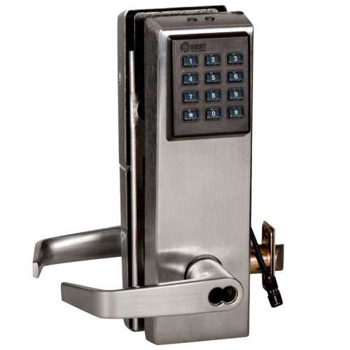 BEST 9KZ37DV15KPS3626 9KZ Keypad EZ Cylindrical Lock 2-3/4 Backset 7-Pin Housing; DV with Key Function Contour Angle Return Keypad Trim ANSI Strike Satin Chrome 9KZ37DV15KPS3626
