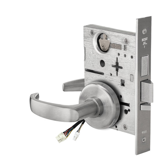 BEST 45HW0LEU14H626RQE12V Fail Secure 12V With Deadbolt No Key Override Electrified Mortise Lock 14 Lever H Rose Request to Exit Satin Chrome