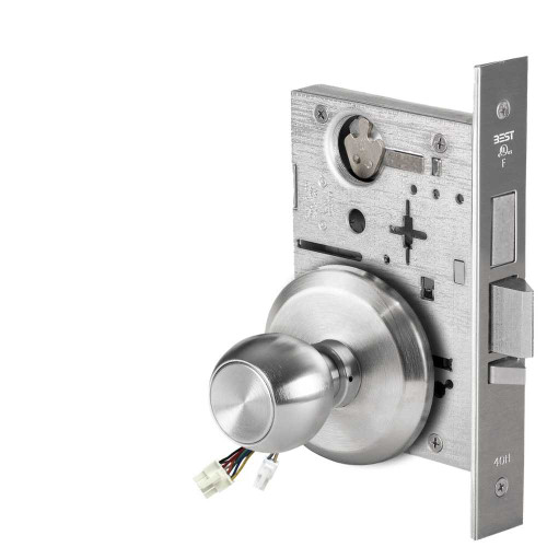 BEST 45HW0LEL4S626RQE Fail Safe 24V With Deadbolt No Key Override Electrified Mortise Lock 4 Knob S Rose Request to Exit Satin Chrome 45HW0LEL4S626RQE