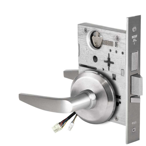 BEST 45HW0LEL16S626RQE Fail Safe 24V With Deadbolt No Key Override Electrified Mortise Lock 16 Lever S Rose Request to Exit Satin Chrome 45HW0LEL16S626RQE