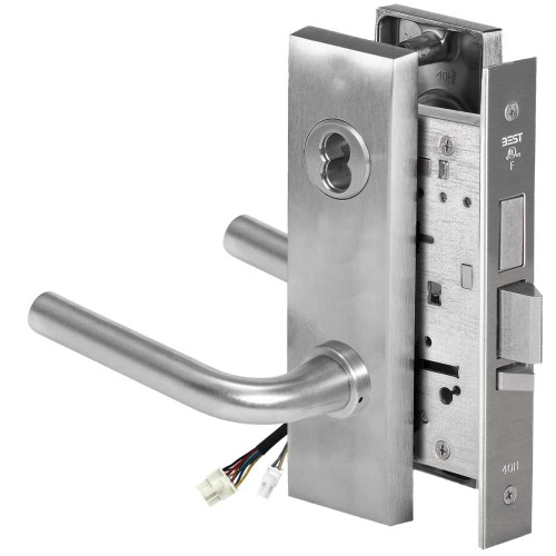 BEST 45HW7TWEL12M626RQE Fail Safe 24V Double Cylinder With Deadbolt Electrified Mortise Lock 12 Lever M Escutcheon Request to Exit Satin Chrome 45HW7TWEL12M626RQE