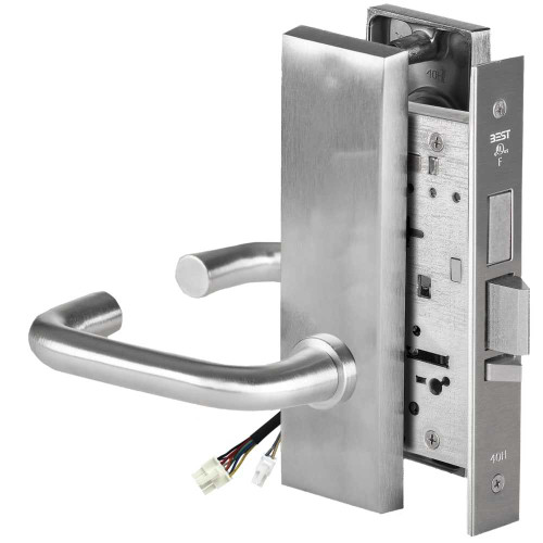 BEST 45HW0LEU3M626RQE12V Fail Secure 12V With Deadbolt No Key Override Electrified Mortise Lock 3 Lever M Escutcheon Request to Exit Satin Chrome 45HW0LEU3M626RQE12V