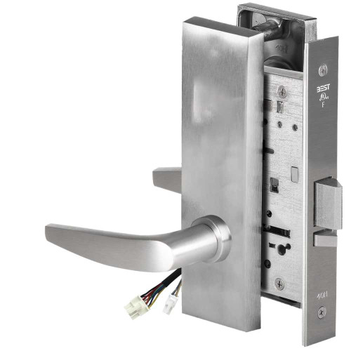 BEST 45HW0NXEL16M626RQE12V Fail Safe 12V No Key Override Electrified Mortise Lock 16 Lever M Escutcheon Request to Exit Satin Chrome 45HW0NXEL16M626RQE12V