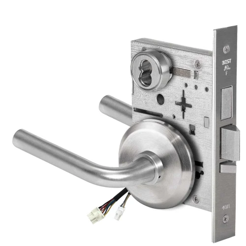 BEST 45HW7TDEL12S626RQE Fail Safe 24V With Deadbolt Electrified Mortise Lock 12 Lever S Rose Request to Exit Satin Chrome 45HW7TDEL12S626RQE