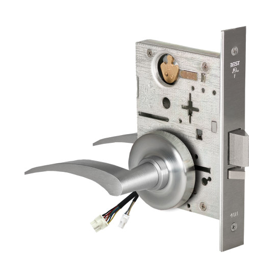 BEST 45HW0NXEL17LR626RQE Fail Safe 24V No Key Override Electrified Mortise Lock 17 Lever R Rose Left Hand Request to Exit Satin Chrome