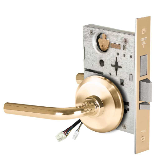 BEST 45HW0LEU12S605RQE12V Fail Secure 12V With Deadbolt No Key Override Electrified Mortise Lock 12 Lever S Rose Request to Exit Bright Brass 45HW0LEU12S605RQE12V
