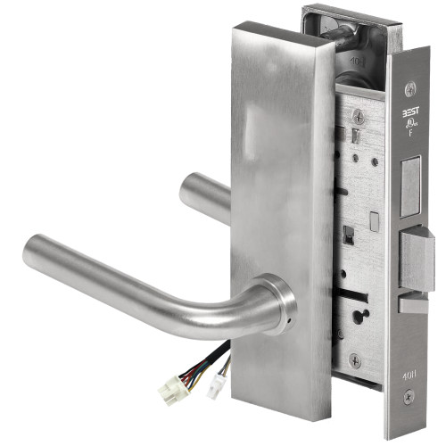 BEST 45HW0LEU12M626AMRQE Fail Secure 24V With Deadbolt No Key Override Electrified Mortise Lock 12 Lever M Escutcheon Request to Exit Satin Chrome Antimicrobial