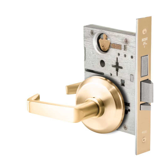 BEST 45HW0LEU15S605RQE12V Fail Secure 12V With Deadbolt No Key Override Electrified Mortise Lock 15 Lever S Rose Request to Exit Bright Brass 45HW0LEU15S605RQE12V
