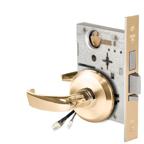BEST 45HW0LEU14S60512V Fail Secure 12V With Deadbolt No Key Override Electrified Mortise Lock 14 Lever S Rose Bright Brass 45HW0LEU14S60512V