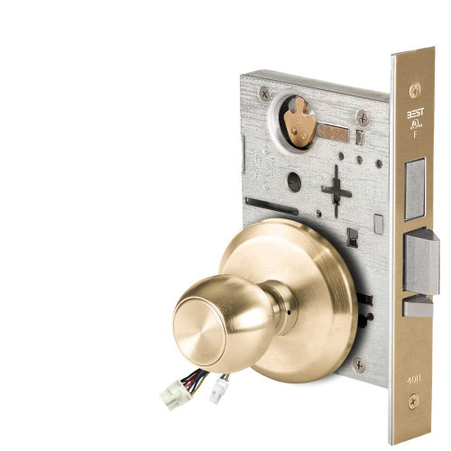 BEST 45HW0LEL4S606RQE Fail Safe 24V With Deadbolt No Key Override Electrified Mortise Lock 4 Knob S Rose Request to Exit Satin Brass 45HW0LEL4S606RQE