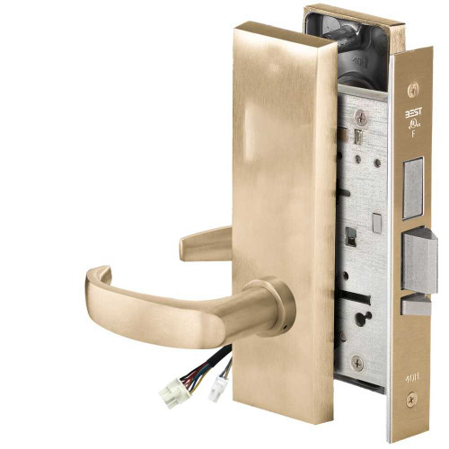 BEST 45HW0LEU14M606RQE12V Fail Secure 12V With Deadbolt No Key Override Electrified Mortise Lock 14 Lever M Escutcheon Request to Exit Satin Brass 45HW0LEU14M606RQE12V
