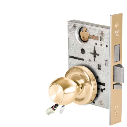 BEST 45HW0LEL4R605 Fail Safe 24V With Deadbolt No Key Override Electrified Mortise Lock 4 Knob R Rose Bright Brass 45HW0LEL4R605