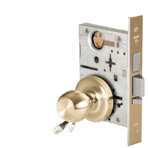 BEST 45HW0LEL4R606RQE Fail Safe 24V With Deadbolt No Key Override Electrified Mortise Lock 4 Knob R Rose Request to Exit Satin Brass 45HW0LEL4R606RQE