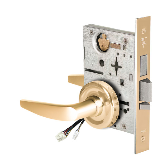 BEST 45HW0LEU16R605RQE12V Fail Secure 12V With Deadbolt No Key Override Electrified Mortise Lock 16 Lever R Rose Request to Exit Bright Brass