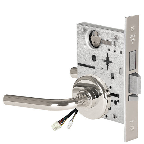 BEST 45HW0LEU12H629RQE12V Fail Secure 12V With Deadbolt No Key Override Electrified Mortise Lock 12 Lever H Rose Request to Exit Bright Stainless Steel