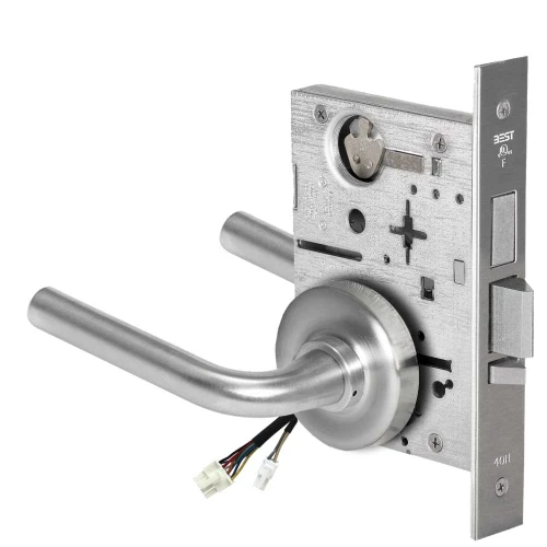 BEST 45HW0LEU12R626AM Fail Secure 24V With Deadbolt No Key Override Electrified Mortise Lock 12 Lever R Rose Satin Chrome Antimicrobial 45HW0LEU12R626AM