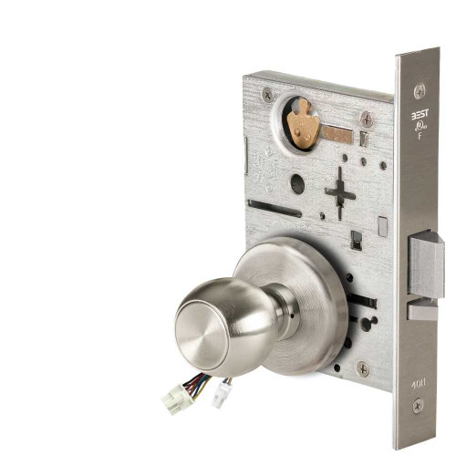 BEST 45HW0NXEL4H619RQE12V Fail Safe 12V No Key Override Electrified Mortise Lock 4 Knob H Rose Request to Exit Satin Nickel 45HW0NXEL4H619RQE12V