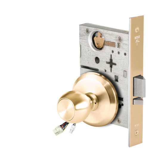 BEST 45HW0NXEL4S605RQE12V Fail Safe 12V No Key Override Electrified Mortise Lock 4 Knob S Rose Request to Exit Bright Brass 45HW0NXEL4S605RQE12V