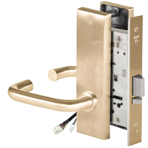 BEST 45HW0NXEL3M606RQE12V Fail Safe 12V No Key Override Electrified Mortise Lock 3 Lever M Escutcheon Request to Exit Satin Brass 45HW0NXEL3M606RQE12V