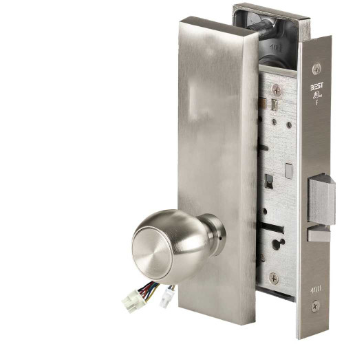 BEST 45HW0NXEL4M619RQE Fail Safe 24V No Key Override Electrified Mortise Lock 4 Knob M Escutcheon Request to Exit Satin Nickel 45HW0NXEL4M619RQE