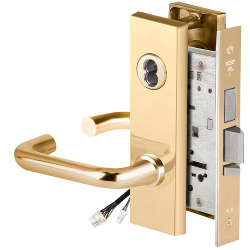 BEST 45HW7TDEL3M605RQE12V Fail Safe 12V With Deadbolt Electrified Mortise Lock 3 Lever M Escutcheon Request to Exit Bright Brass 45HW7TDEL3M605RQE12V