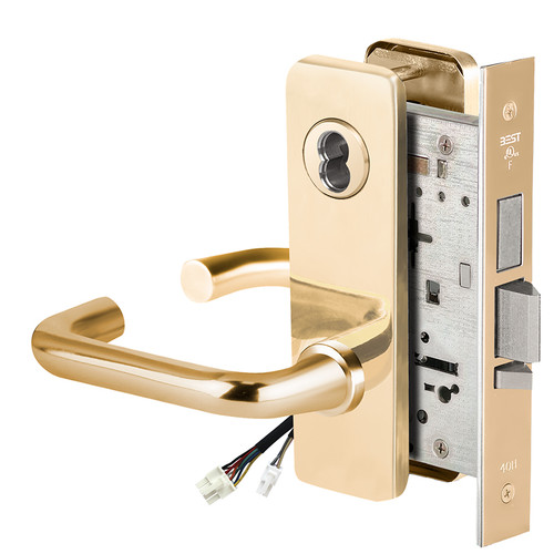 BEST 45HW7TDEL3J605RQE12V Fail Safe 12V With Deadbolt Electrified Mortise Lock 3 Lever J Escutcheon Request to Exit Bright Brass