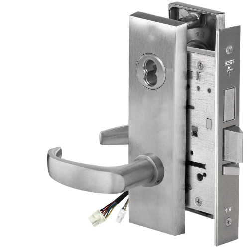 BEST 45HW7TDEL14M626AM12V Fail Safe 12V With Deadbolt Electrified Mortise Lock 14 Lever M Escutcheon Satin Chrome Antimicrobial 45HW7TDEL14M626AM12V
