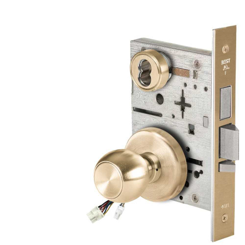 BEST 45HW7TWEU4H606RQE Fail Secure 24V Double Cylinder with Deadbolt Electrified Mortise Lock 4 Knob H Rose Request to Exit Satin Brass 45HW7TWEU4H606RQE