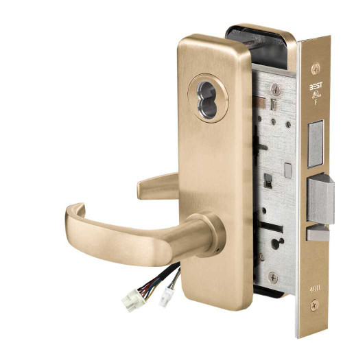 BEST 45HW7TWEU14J606RQE Fail Secure 24V Double Cylinder with Deadbolt Electrified Mortise Lock 14 Lever J Escutcheon Request to Exit Satin Brass 45HW7TWEU14J606RQE