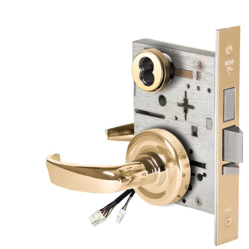 BEST 45HW7TWEU14R60512V Fail Secure 12V Double Cylinder with Deadbolt Electrified Mortise Lock 14 Lever R Rose Bright Brass 45HW7TWEU14R60512V