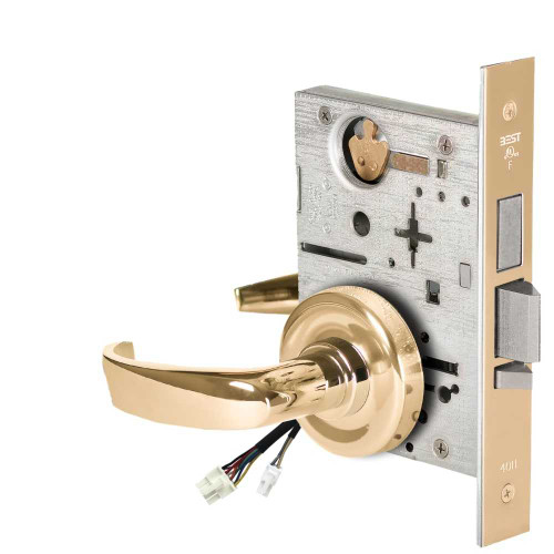 BEST 45HW0LEL14R605RQE Fail Safe 24V With Deadbolt No Key Override Electrified Mortise Lock 14 Lever R Rose Request to Exit Bright Brass 45HW0LEL14R605RQE