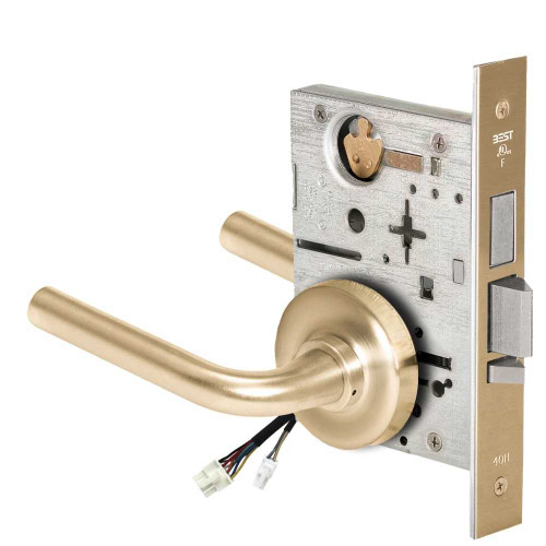 BEST 45HW0LEL12R606RQE Fail Safe 24V With Deadbolt No Key Override Electrified Mortise Lock 12 Lever R Rose Request to Exit Satin Brass 45HW0LEL12R606RQE