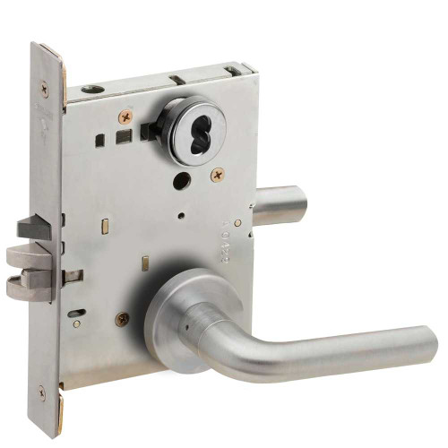 Schlage L9080J 02A 630 Grade 1 Storeroom Mortise Lock Schlage FSIC Less Core 02 Lever A Rose Satin Stainless Steel Finish Field Reversible L9080J 02A 630
