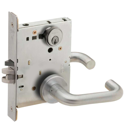 Schlage L9071P 03A 626 Grade 1 Classroom Security Mortise Lock Conventional Cylinder S123 Keyway 03 Lever A Rose Satin Chrome Finish Field Reversible L9071P 03A 626