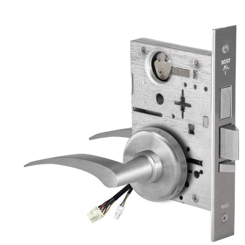 BEST 45HW0LEL17LH626AMRQE12V Fail Safe 12V With Deadbolt No Key Override Electrified Mortise Lock 17 Lever H Rose Left Hand Request to Exit Satin Chrome Antimicrobial 45HW0LEL17LH626AMRQE12V