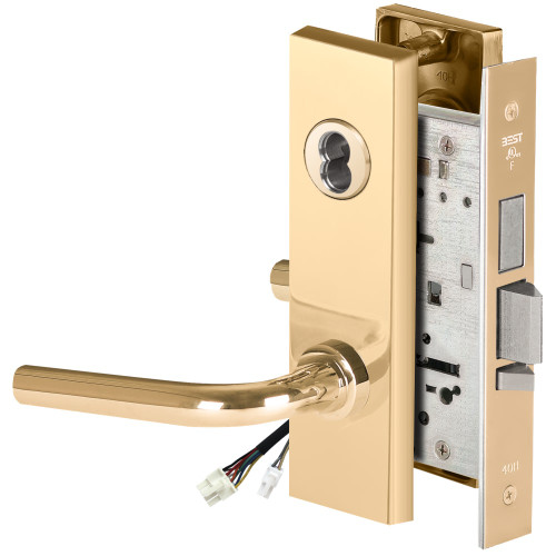 BEST 45HW7TWEU12M605RQE12V Fail Secure 12V Double Cylinder with Deadbolt Electrified Mortise Lock 12 Lever M Escutcheon Request to Exit Bright Brass