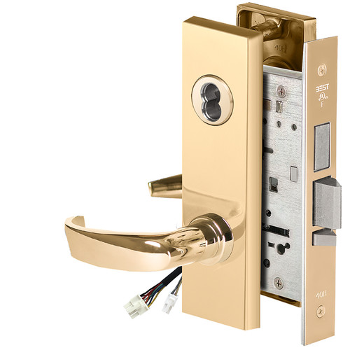 BEST 45HW7TWEU14M605RQE12V Fail Secure 12V Double Cylinder with Deadbolt Electrified Mortise Lock 14 Lever M Escutcheon Request to Exit Bright Brass