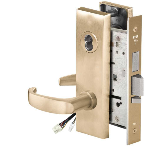 BEST 45HW7TWEU14M606RQE Fail Secure 24V Double Cylinder with Deadbolt Electrified Mortise Lock 14 Lever M Escutcheon Request to Exit Satin Brass 45HW7TWEU14M606RQE