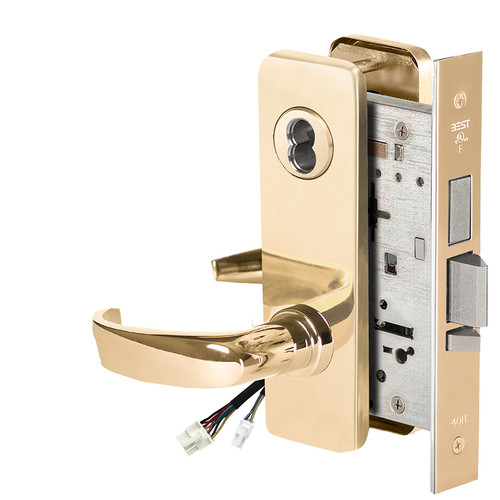 BEST 45HW7TWEU14J605RQE Fail Secure 24V Double Cylinder with Deadbolt Electrified Mortise Lock 14 Lever J Escutcheon Request to Exit Bright Brass