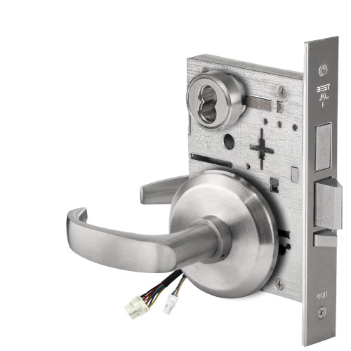 BEST 45HW7TWEU14S626AMRQE12V Fail Secure 12V Double Cylinder with Deadbolt Electrified Mortise Lock 14 Lever S Rose Request to Exit Satin Chrome Antimicrobial