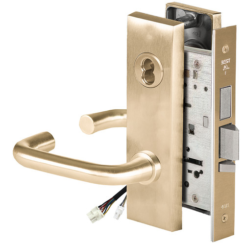 BEST 45HW7TWEU3M606RQE12V Fail Secure 12V Double Cylinder with Deadbolt Electrified Mortise Lock 3 Lever M Escutcheon Request to Exit Satin Brass