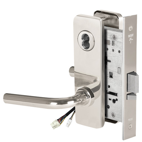 BEST 45HW7WEL12J629RQE12V Fail Safe 12V Double Cylinder Electrified Mortise Lock 12 Lever J Escutcheon Request to Exit Bright Stainless Steel