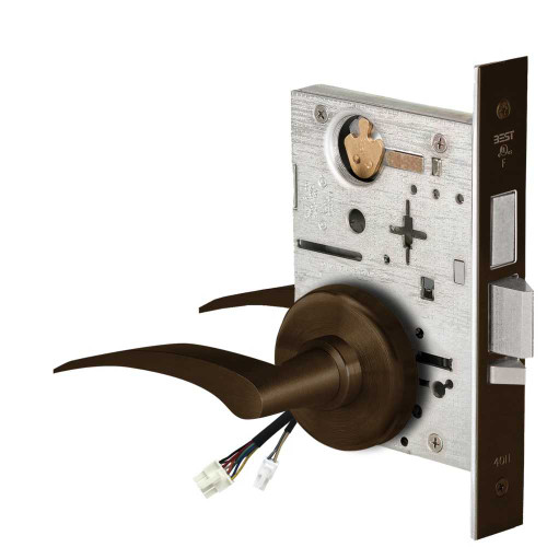 BEST 45HW0LEU17LH611 Fail Secure 24V With Deadbolt No Key Override Electrified Mortise Lock 17 Lever H Rose Left Hand Bright Bronze 45HW0LEU17LH611