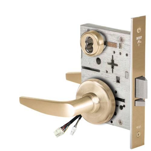 BEST 45HW7WEL16H606RQE Fail Safe 24V Double Cylinder Electrified Mortise Lock 16 Lever H Rose Request to Exit Satin Brass