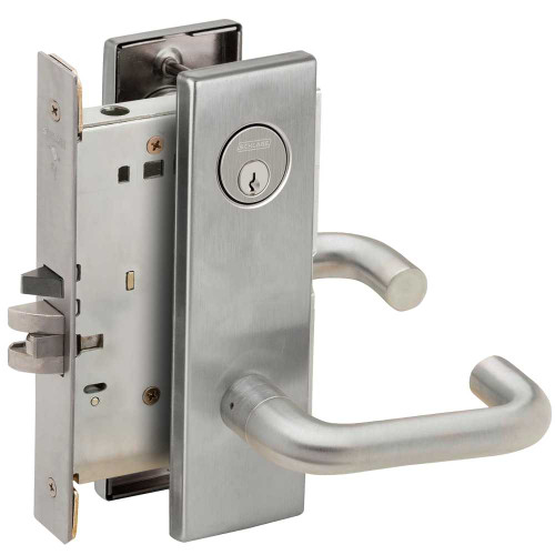 Schlage L9080P 03N 626 Grade 1 Storeroom Mortise Lock Conventional Cylinder S123 Keyway 03 Lever N Escutcheon Satin Chrome Finish Field Reversible L9080P 03N 626
